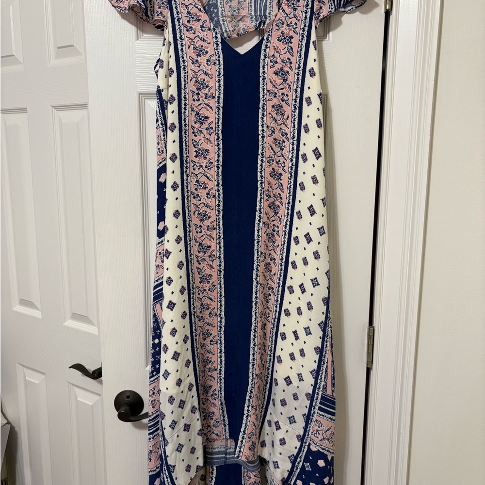 Maeve Anthropologie Blue and Pink Maxi high low Dress